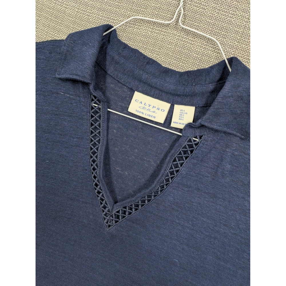Calypso St. Barth Shirt Womens L Blue Linen Collared V Neck Crochet Trim Top
